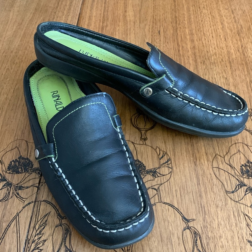 RINALDI black leather upper moccasin style mules with white stitching. Sz 7. GUC